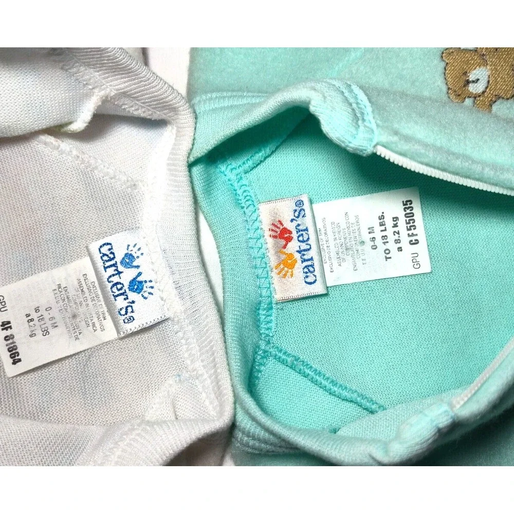 Vtg Carter's Fleece Baby Sleepers 0 6‎ Mos Up To 18lbs White Green Cat Dog Bear